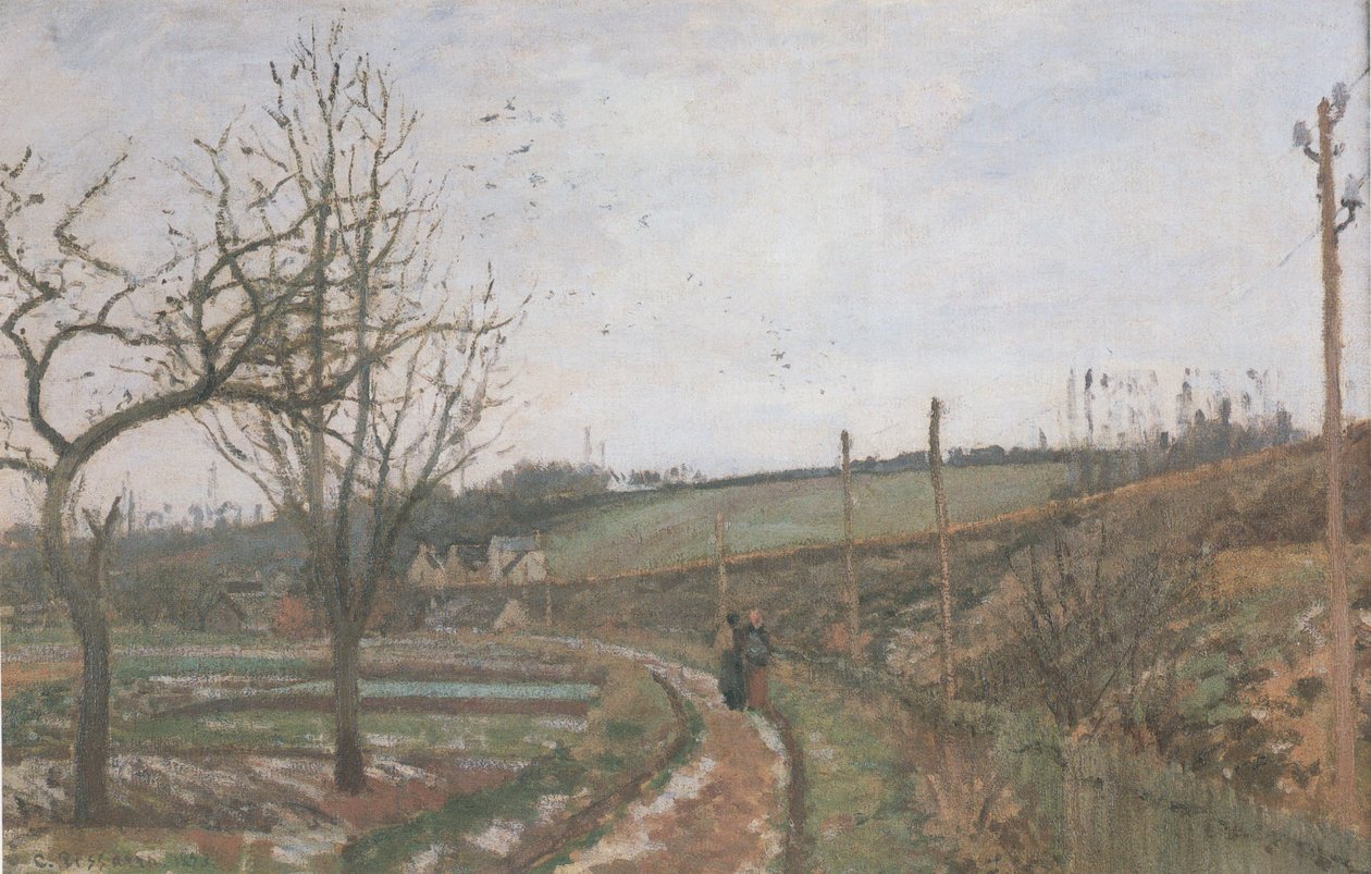 El camino al borde del ferrocarril, efecto de nieve de Camille Jacob Pissarro