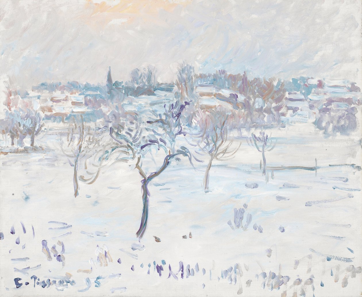 Paisaje nevado en Eragny con un manzano, 1895 de Camille Jacob Pissarro