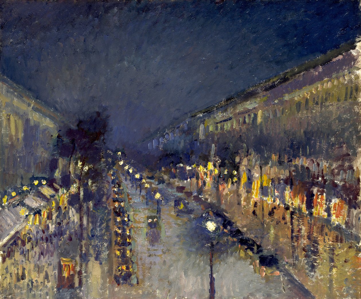 El Boulevard Montmartre de noche de Camille Jacob Pissarro