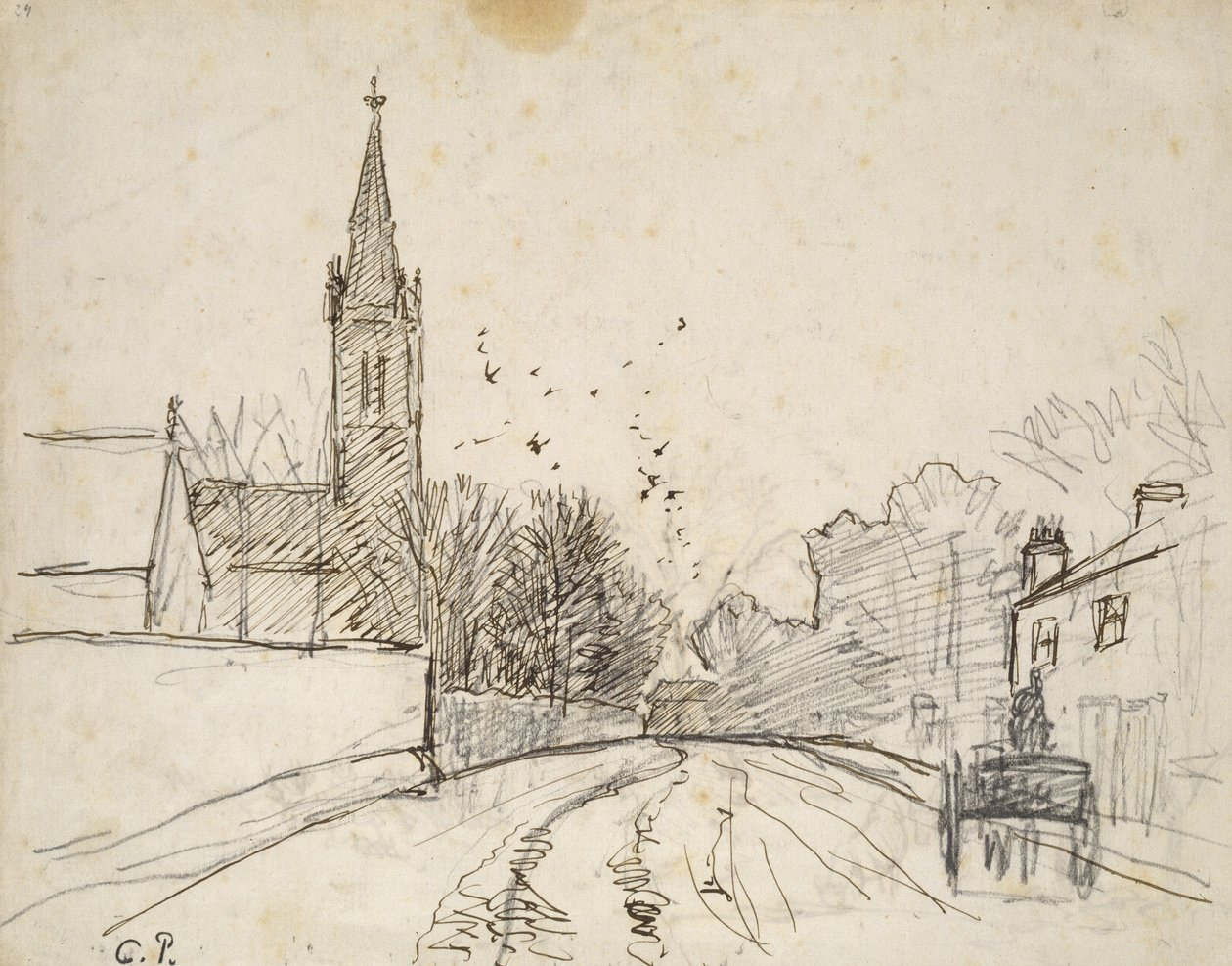 Recto: Estudio de Upper Norwood, Londres, con la iglesia de Todos los Santos, 1871 de Camille Jacob Pissarro