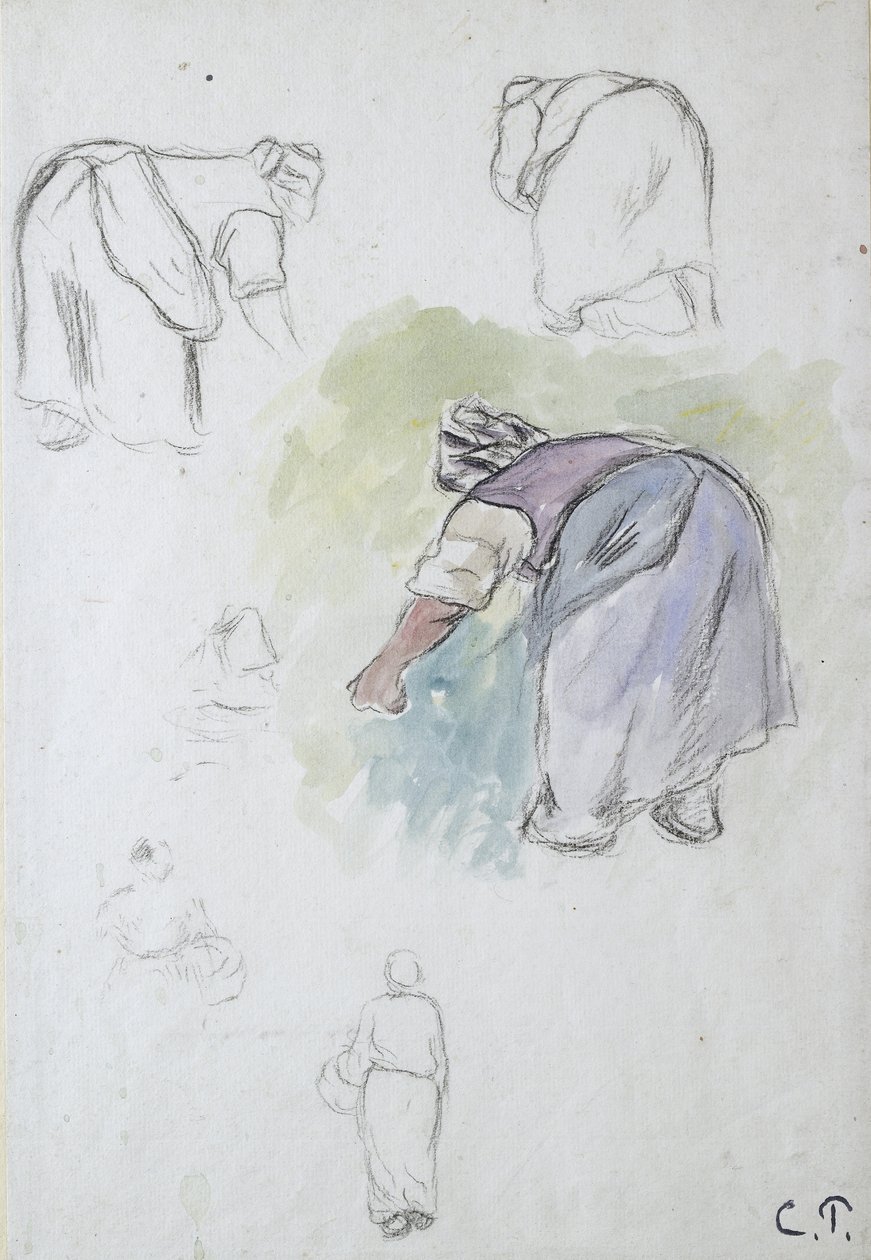 Hoja de estudios: cuatro estudios de una campesina inclinada y dos estudios de una mujer sosteniendo una cesta vista desde el frente y la espalda respectivamente, 1874 de Camille Jacob Pissarro