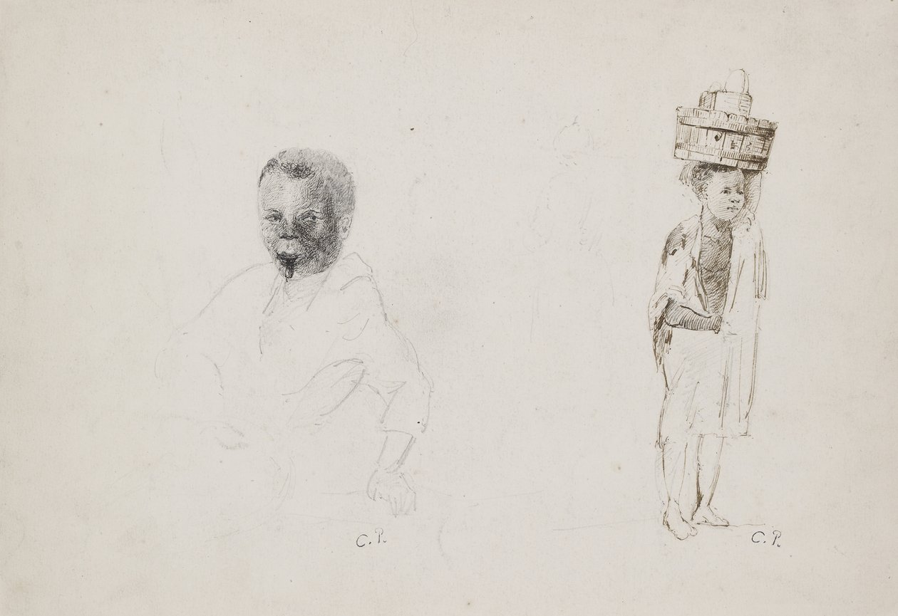 Estudios de dos niños pequeños con indicaciones tenues de una figura femenina, 1852 de Camille Jacob Pissarro