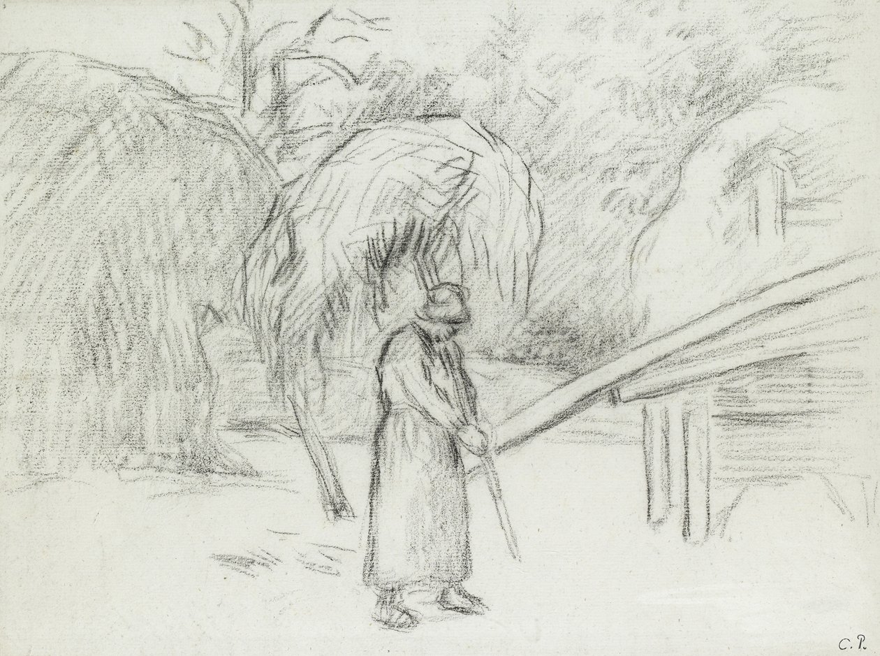 Estudio de una campesina cargando heno en el patio de la granja en Foucault, c. 1875 de Camille Jacob Pissarro