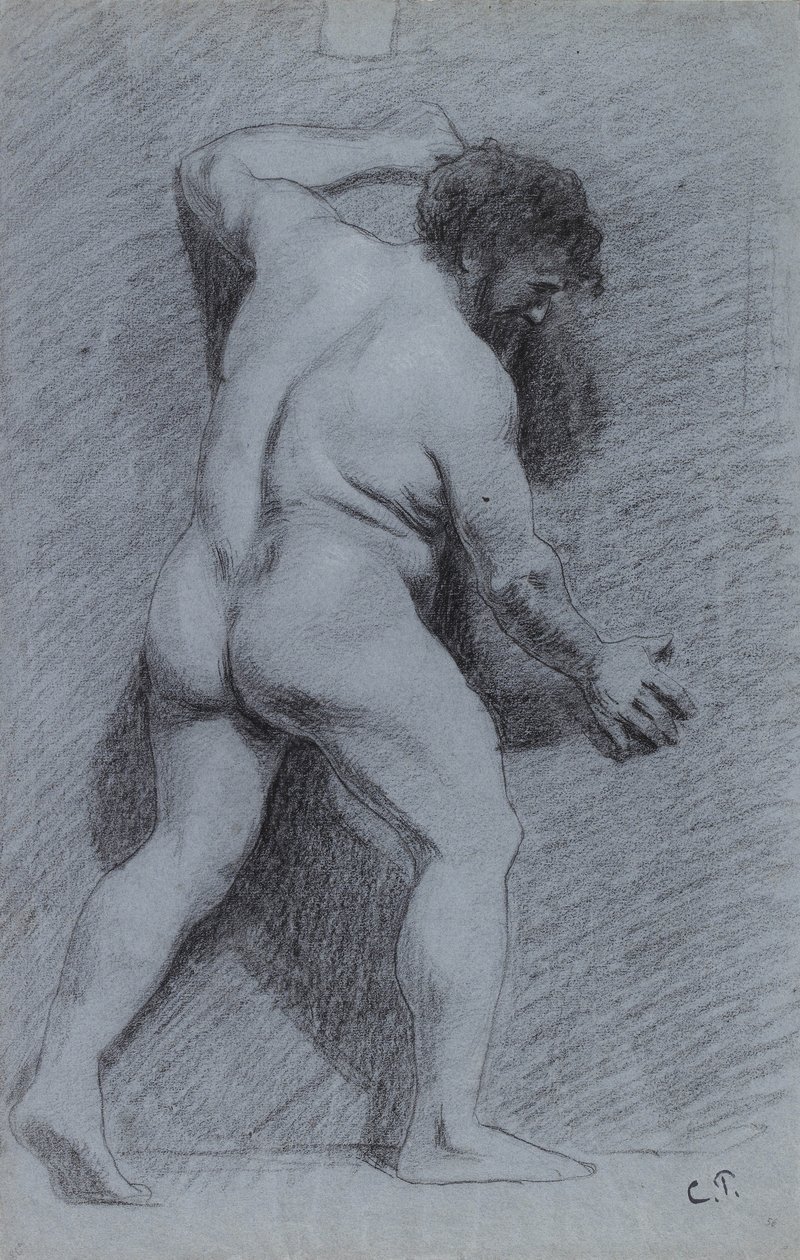 Estudio de un desnudo masculino posando contra una pared, visto de perfil, mirando a la derecha de Camille Jacob Pissarro