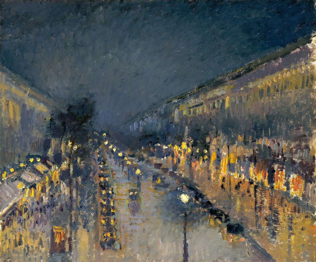 El Boulevard Montmartre de noche de Camille Jacob Pissarro