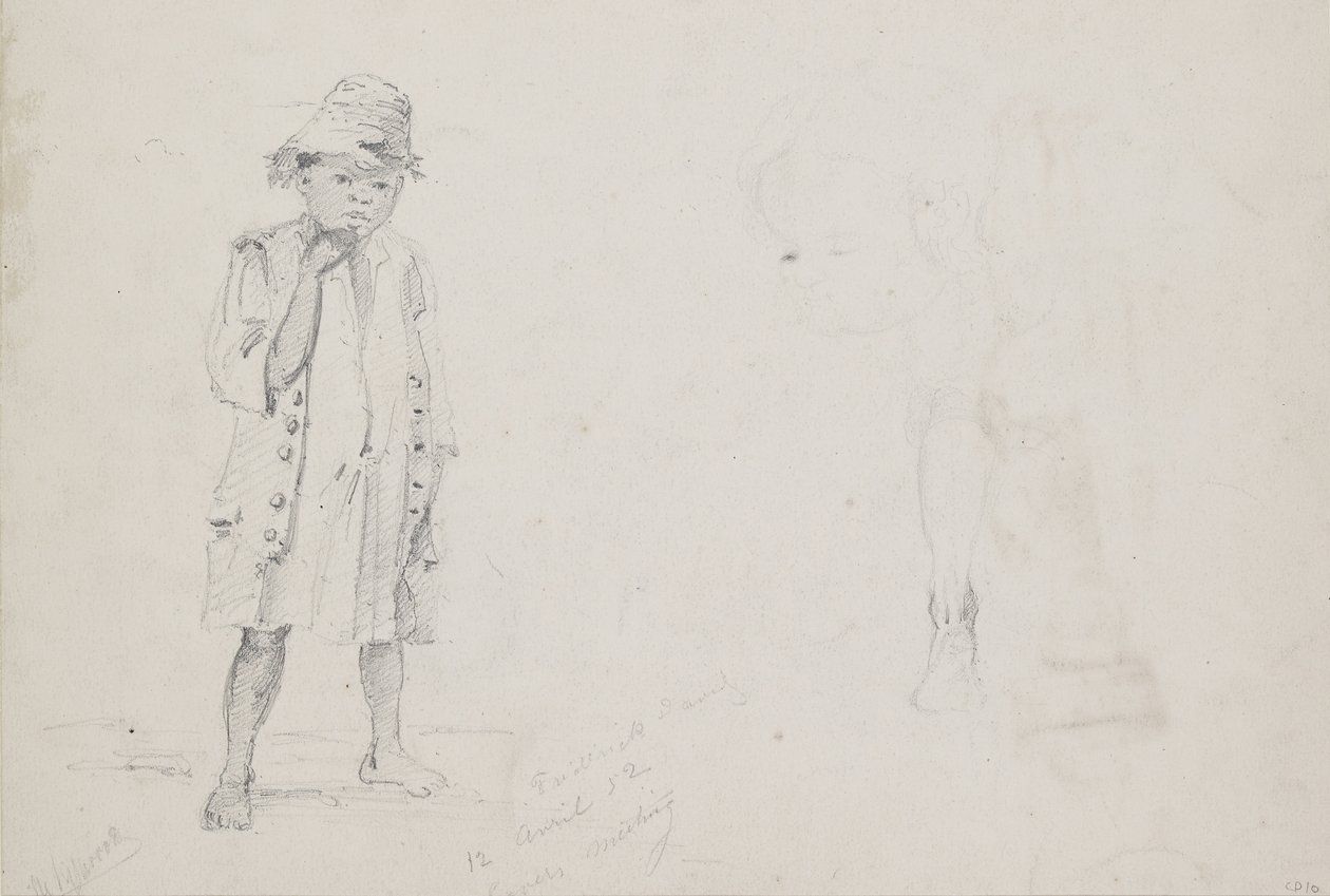 Estudio de cuerpo entero de un niño pequeño con estudios tenues de su rostro y su pierna izquierda vista desde atrás, 1852 de Camille Jacob Pissarro