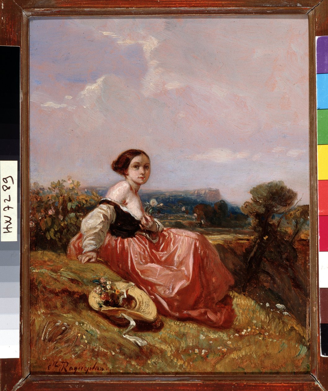 Joven con sombrero delante de la Sainte Mountain Victoire Pintura de Camille Roqueplan (1803-1855) Dim. 18x23 cm Mención obligatoria: Colección Fundación Saludos de Provenza, Marsella de Camille Joseph Etienne Roqueplan