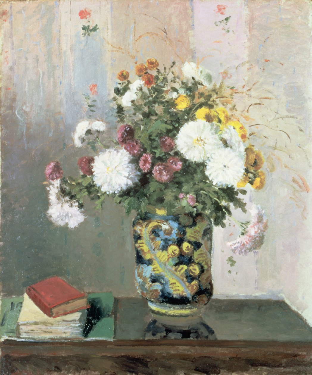 Ramo de flores, crisantemos en un jarrón chino de Camille Jacob Pissarro