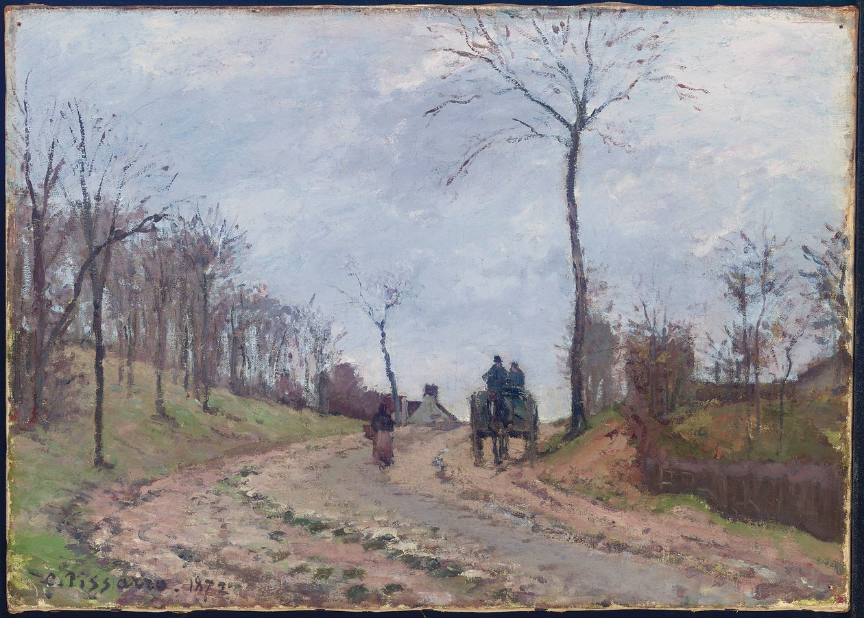 Carruaje en un camino rural, invierno, afueras de Louveciennes, 1872 de Camille Jacob Pissarro