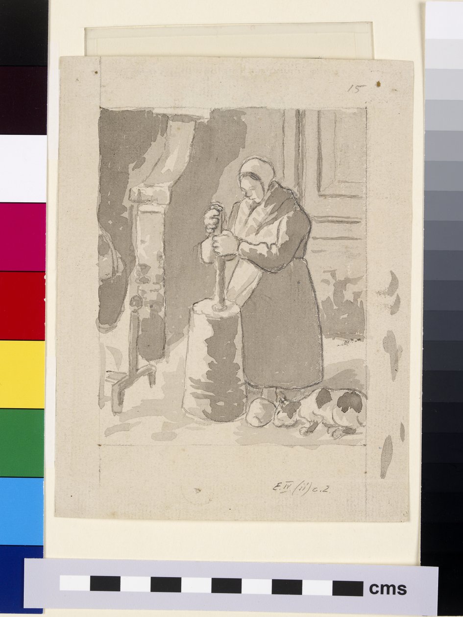 Estudio composicional de una campesina haciendo mantequilla de Camille Jacob Pissarro