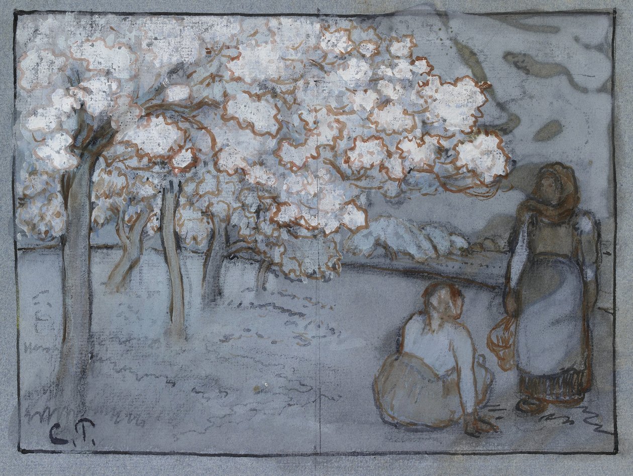 Estudio composicional de dos campesinas conversando en un huerto, c. 1894 de Camille Jacob Pissarro