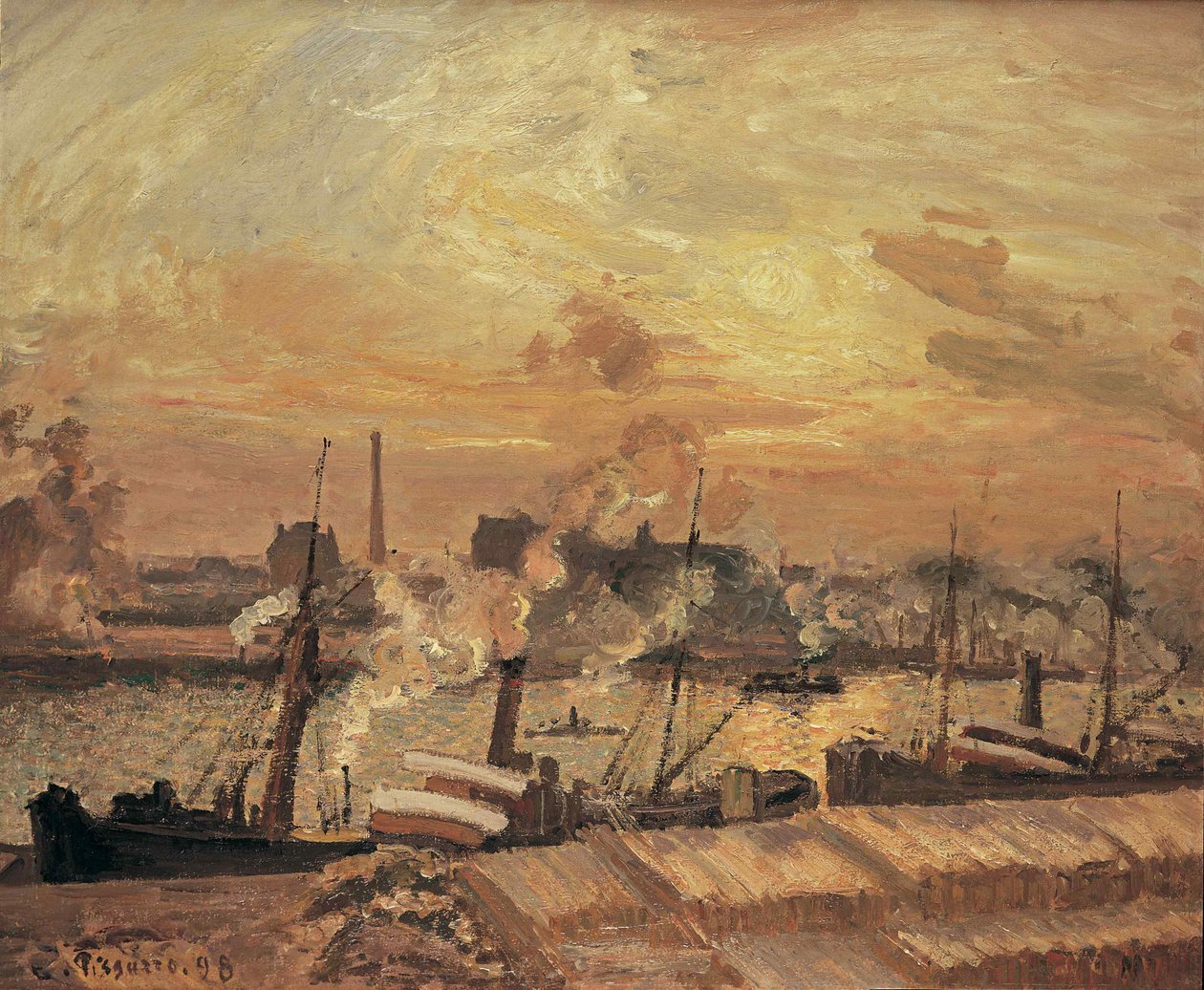Descarga de madera, muelle de la Bolsa, puesta de sol, 1898 de Camille Jacob Pissarro