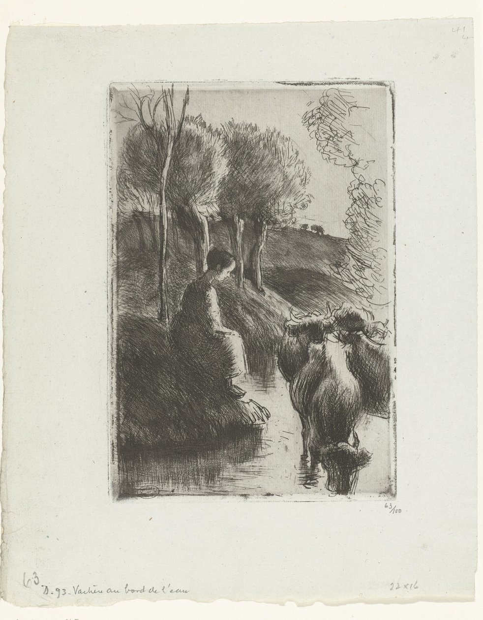 Pastora con vacas junto al agua Vachere au bord de l