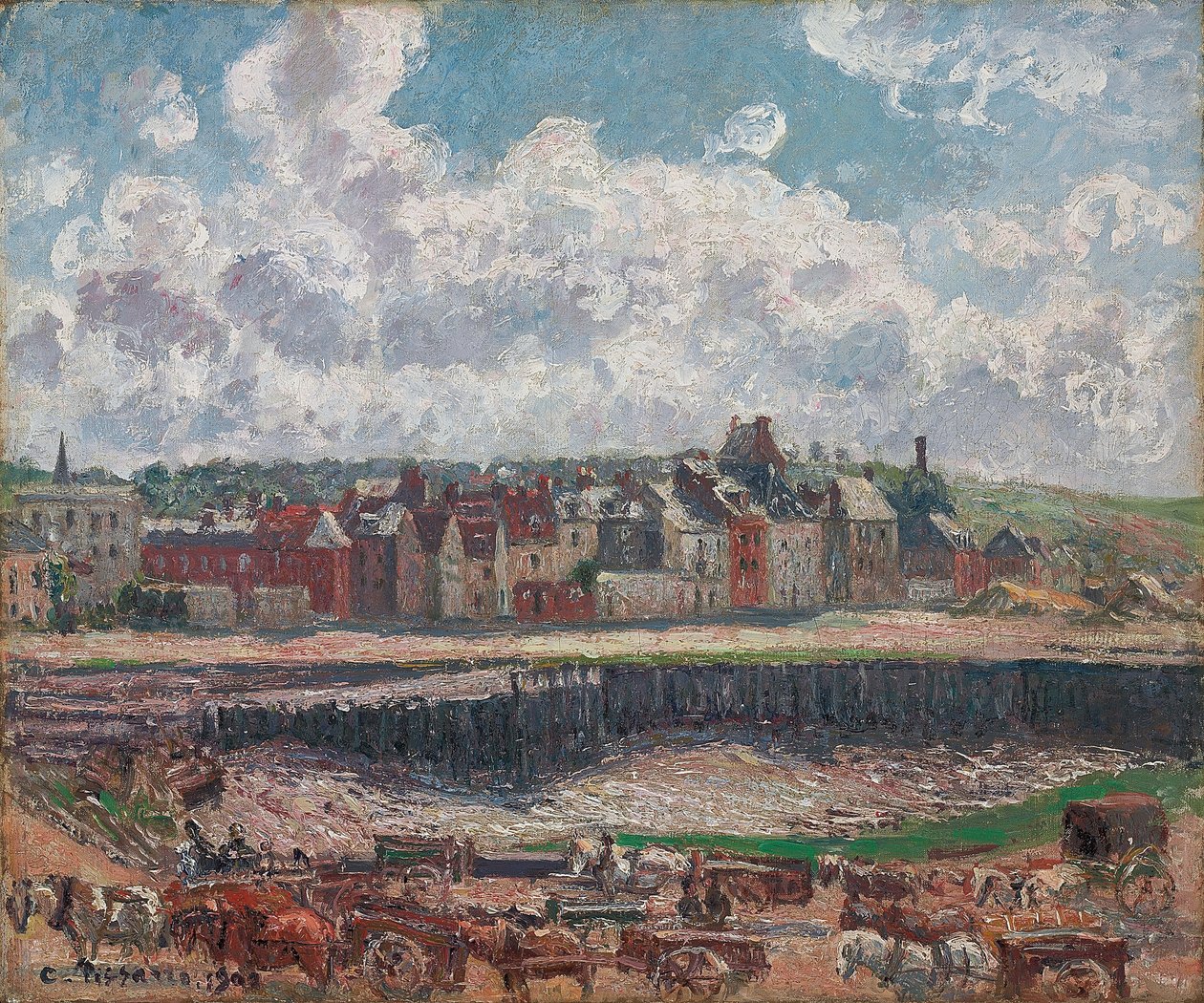 Caballos y carros frente al puerto pesquero, Dieppe, en marea baja, 1902 de Camille Jacob Pissarro