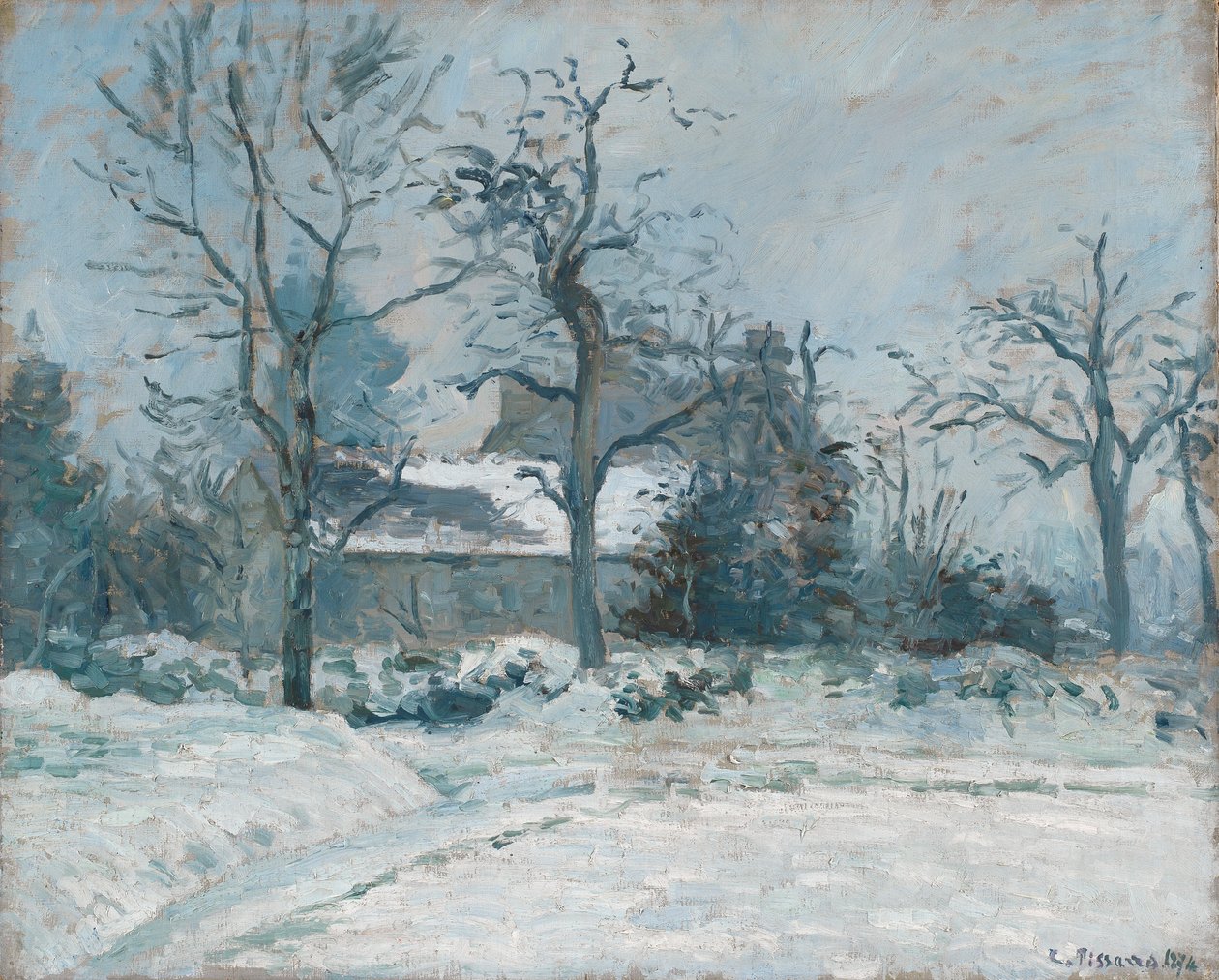 La casa de Piette en Montfoucault, efecto de nieve, 1874 de Camille Jacob Pissarro