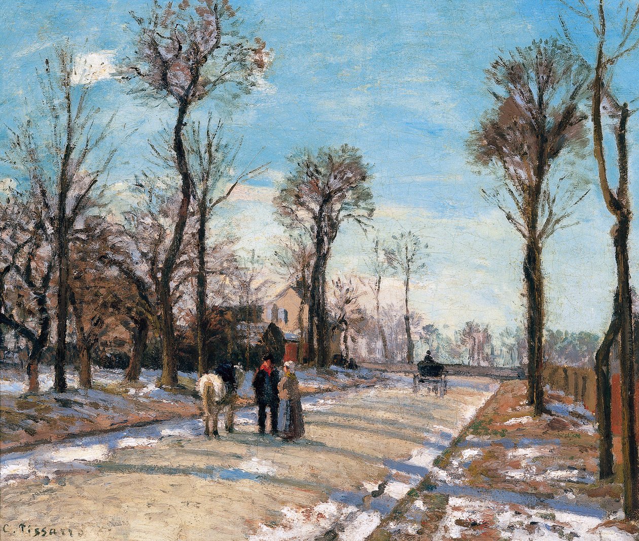 Ruta de Versalles, Louveciennes, sol de invierno y nieve, c. 1870 de Camille Jacob Pissarro
