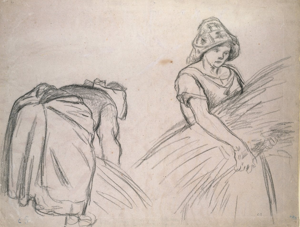 Estudio de dos cosechadoras femeninas, 1882 (tiza negra sobre papel rosa con blanco) de Camille Jacob Pissarro