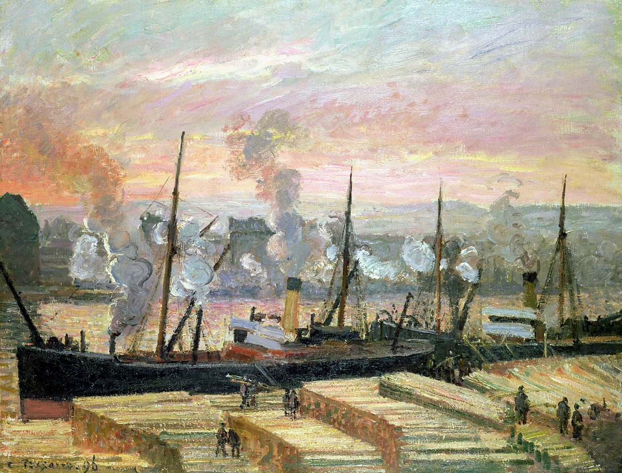 Atardecer en Rouen, barcos descargando madera, 1896 de Camille Jacob Pissarro