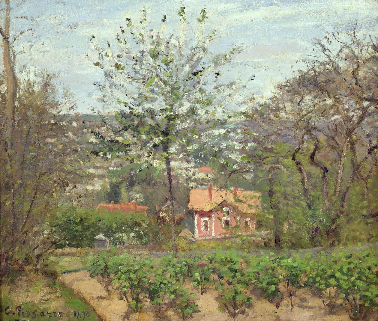 La cabaña, o la casa rosa - Aldea del Corazón Volador, 1870 de Camille Jacob Pissarro