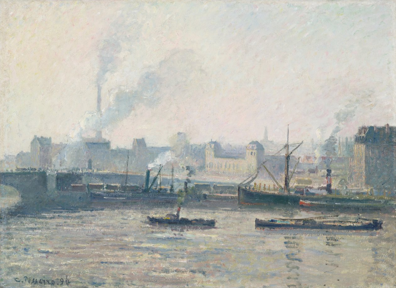 El puente Saint-Sever, Rouen: niebla de Camille Jacob Pissarro