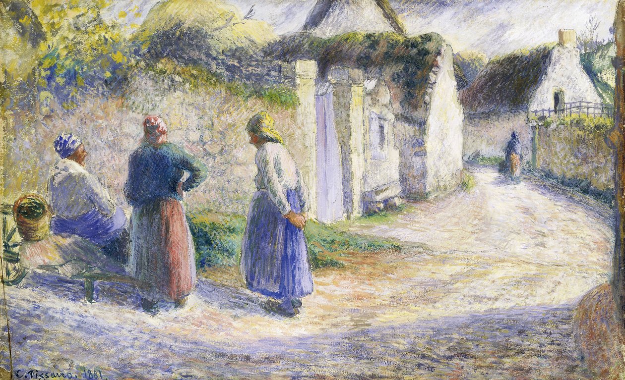 Calle del pueblo con tres personas a la derecha de Camille Jacob Pissarro