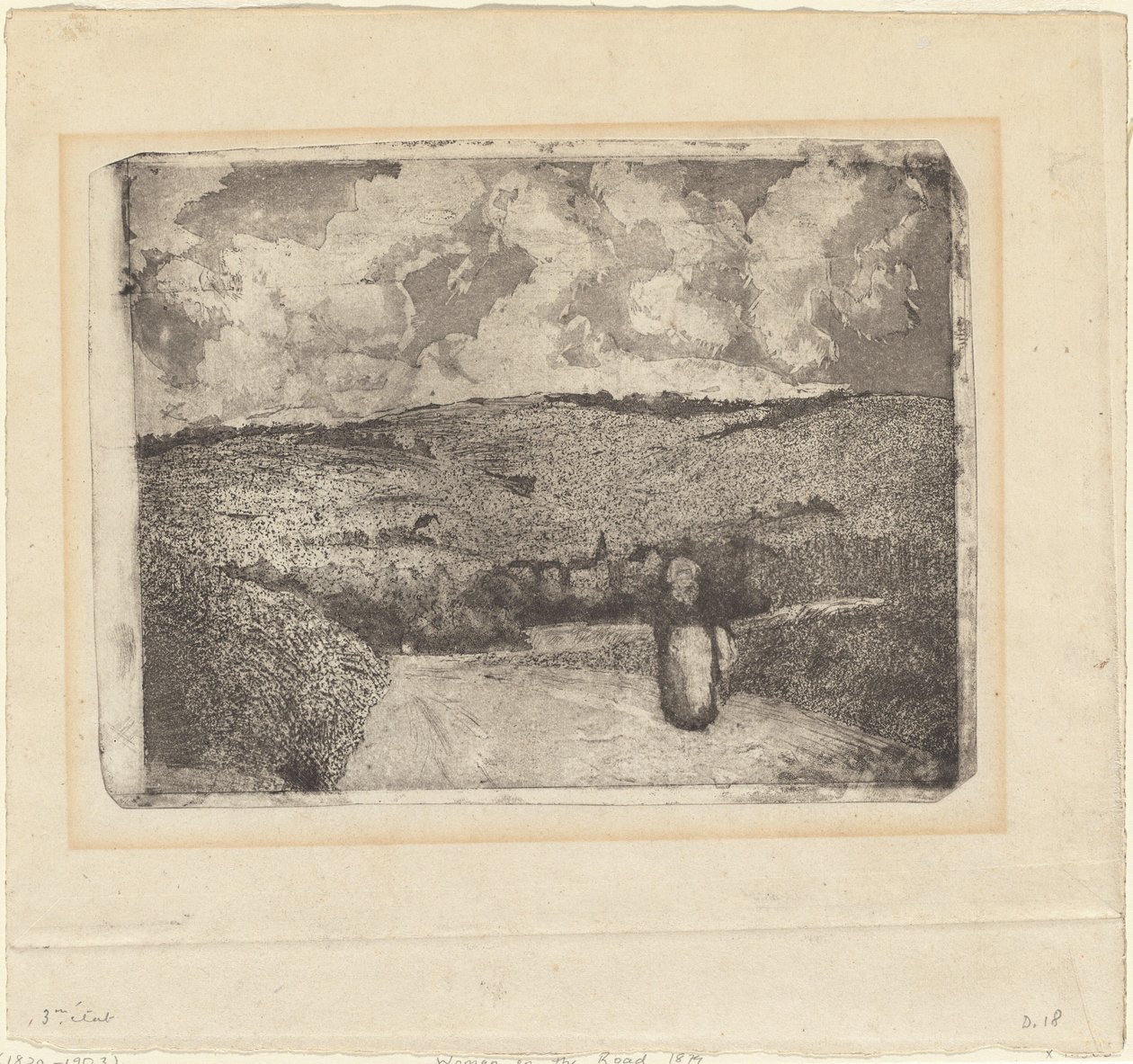 Una mujer caminando por un camino rural de Camille Pissarro