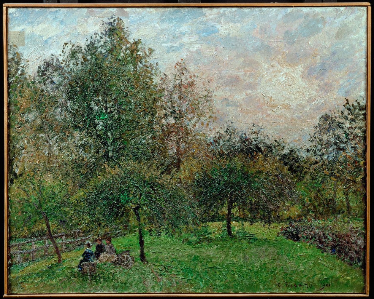 Manzanos y álamos en un atardecer de Camille Pissarro