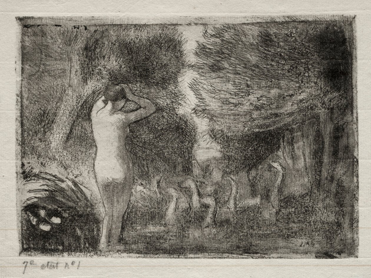 Bañistas y gansos de Camille Pissarro