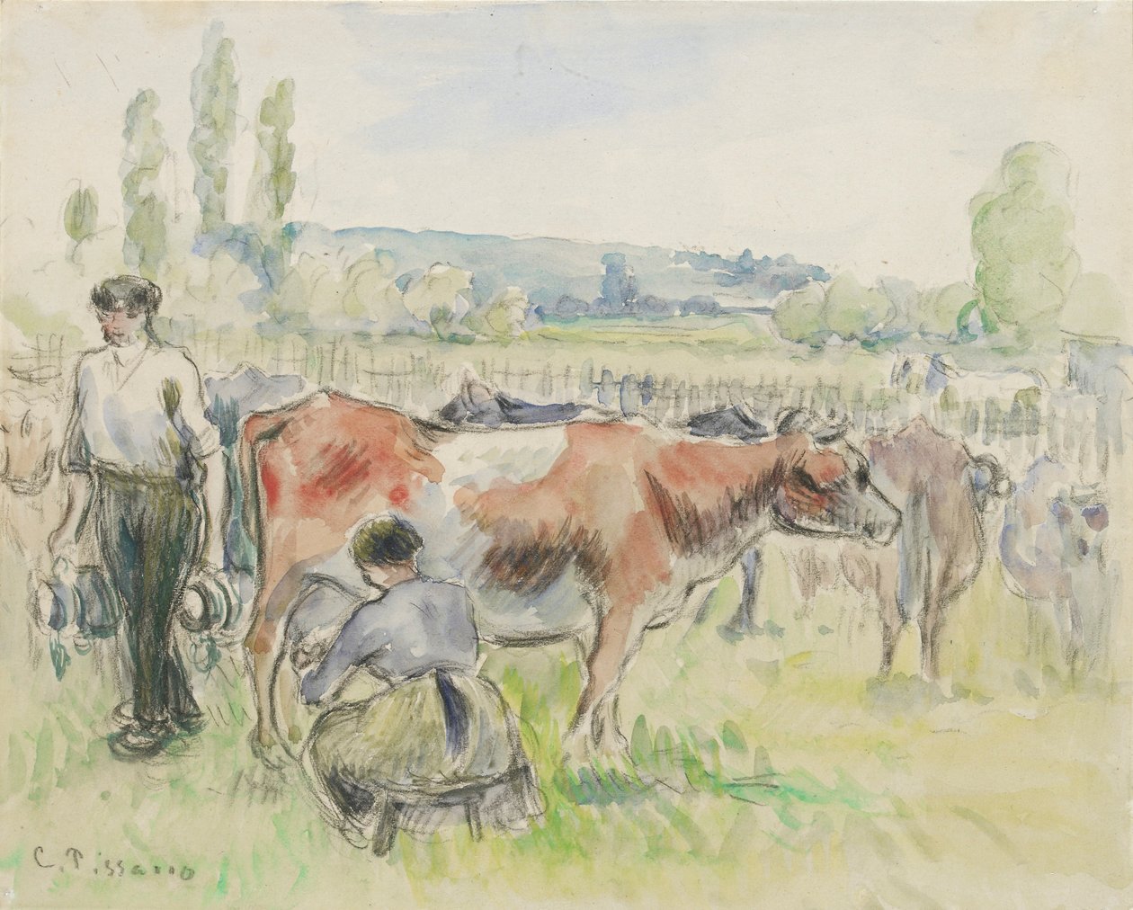 Estudio composicional de una escena de ordeño en Eragny-sur-Epte de Camille Pissarro