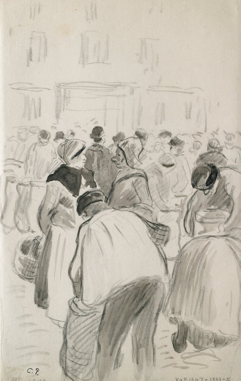 Estudio compositivo del mercado en Pontoise de Camille Pissarro
