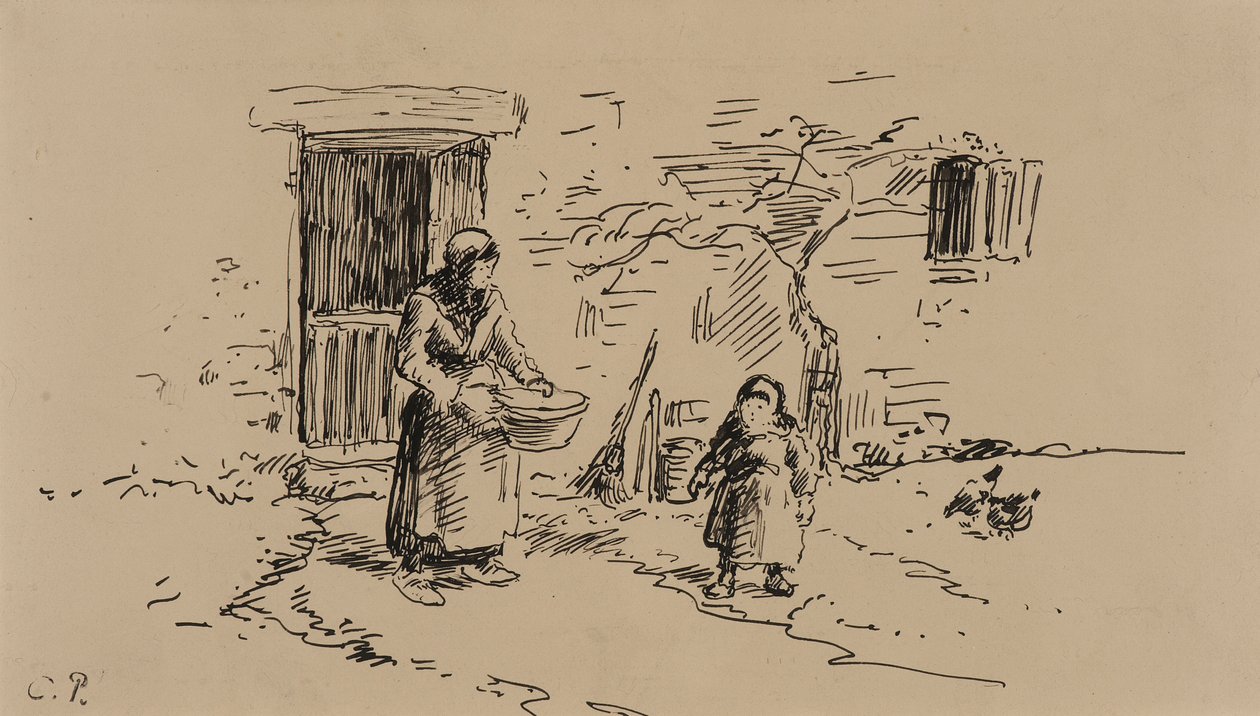 Escena de granja (pluma y tinta sobre papel) de Camille Pissarro