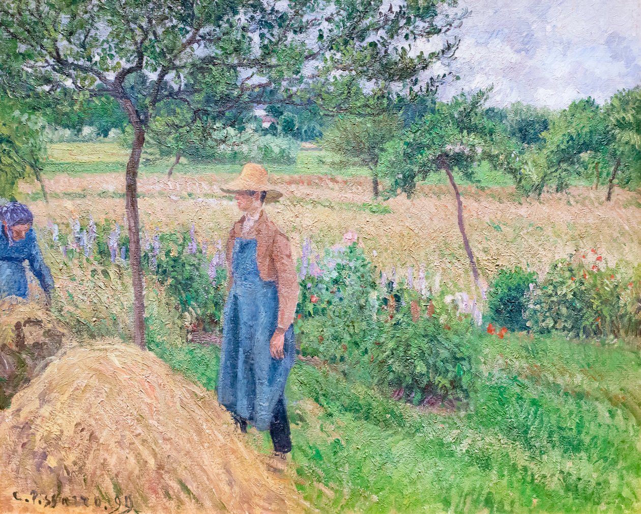 Jardinero junto a un pajar, cielo nublado, Eragny de Camille Pissarro