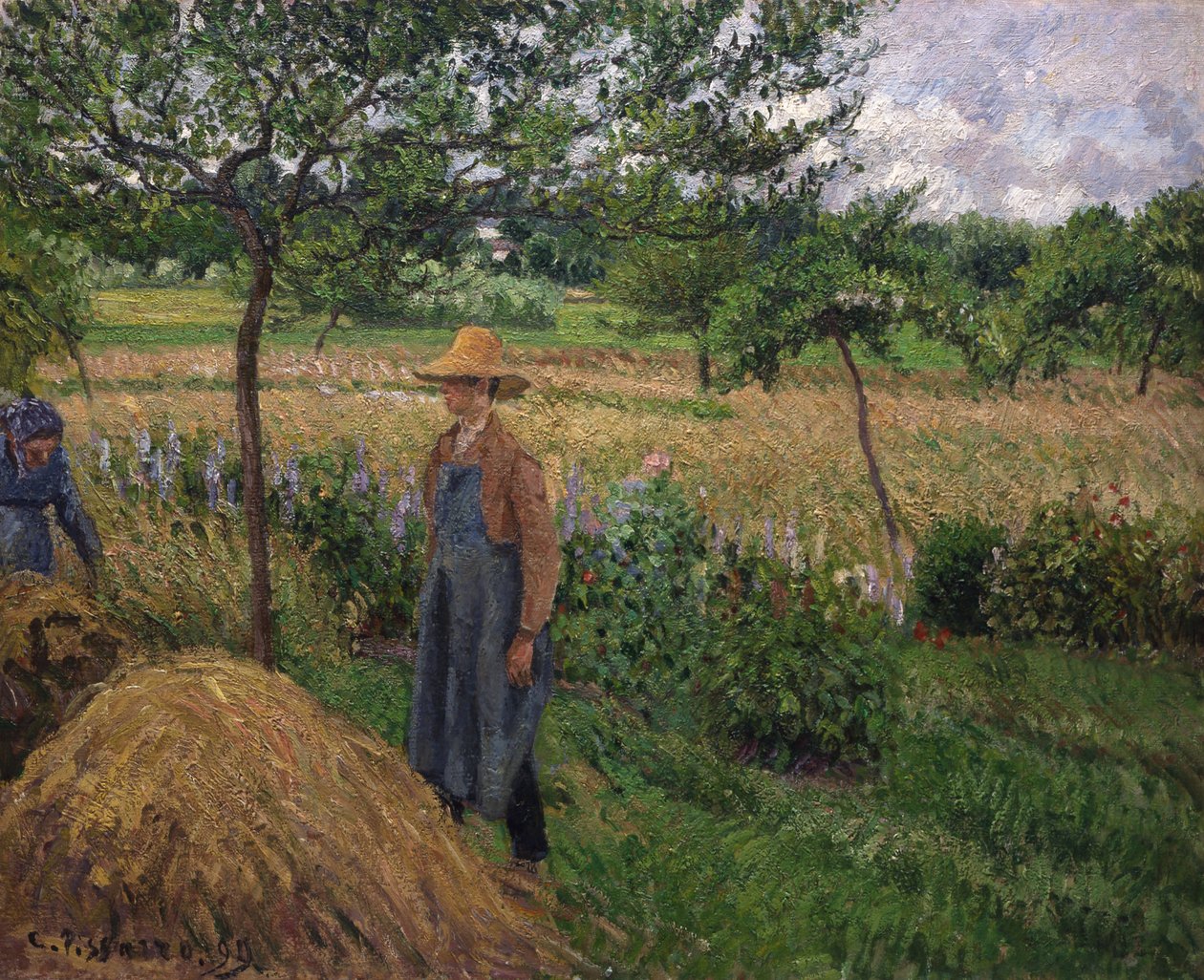 Jardinero junto a un pajar, cielo nublado, Eragny, 1899 de Camille Pissarro
