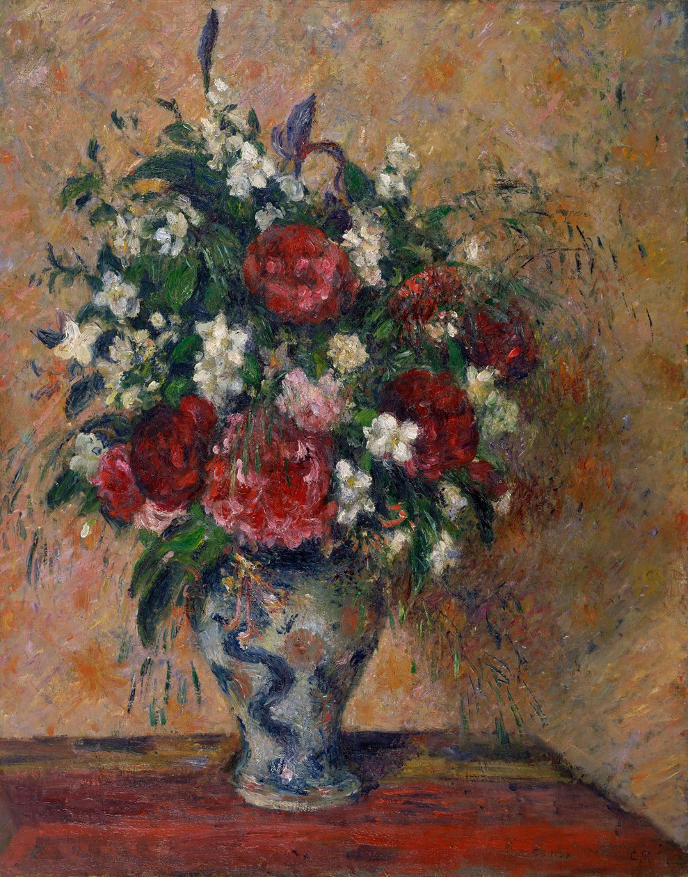 Bodegón con peonías y naranja simulada - Pintura de Camille Pissaro (1830-1903), óleo sobre lienzo (81x64,5 cm) de Camille Pissarro