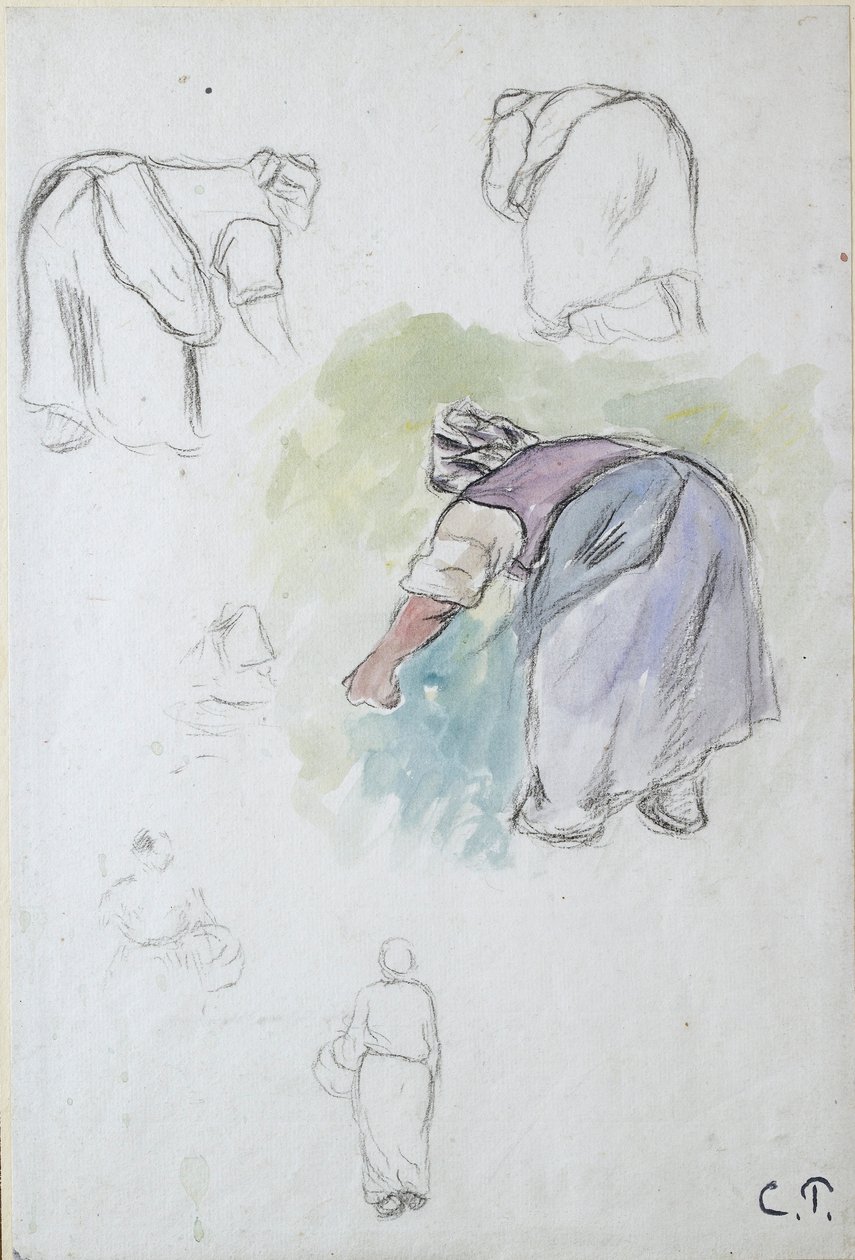 Hoja de estudios: cuatro estudios de una campesina inclinada y dos estudios de una mujer sosteniendo una base de Camille Pissarro