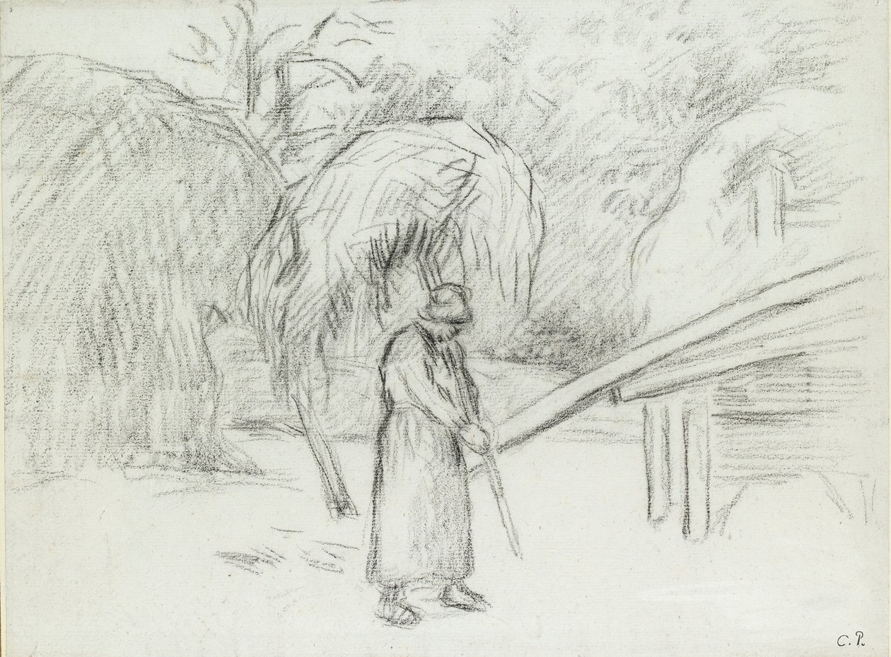 Estudio de una campesina cargando heno en el patio de la granja en Foucault, c. 1875 de Camille Pissarro