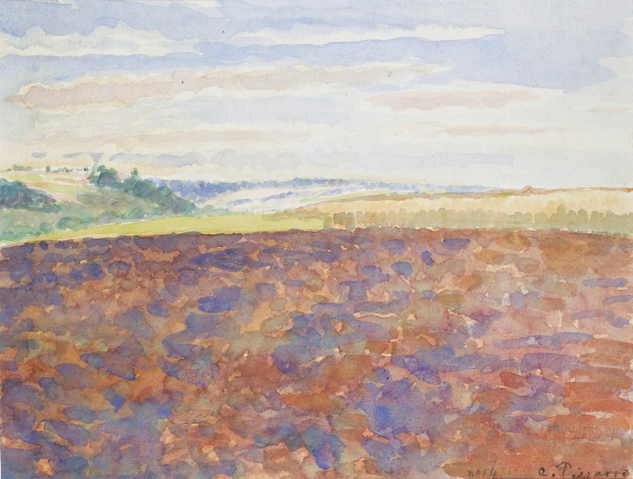 Estudio de un paisaje con un campo arado, Eragny-sur-Epte, c. 1886-1890 de Camille Pissarro