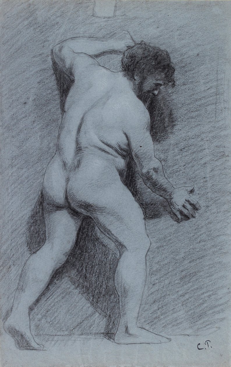 Estudio de un desnudo masculino posado contra una pared visto de perfil hacia la derecha, 1856-1860 de Camille Pissarro