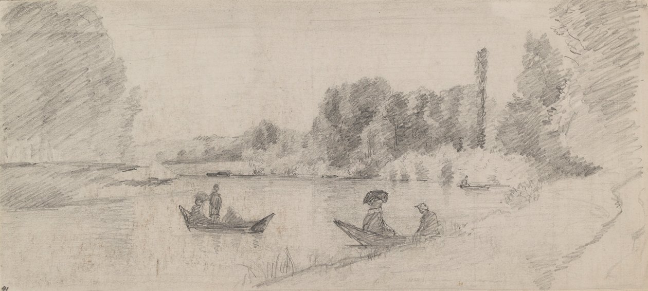 Estudio de un paisaje fluvial con barcos, 1863-1864 de Camille Pissarro
