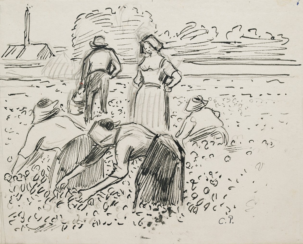 Estudio de cinco campesinos trabajando en un campo de Camille Pissarro