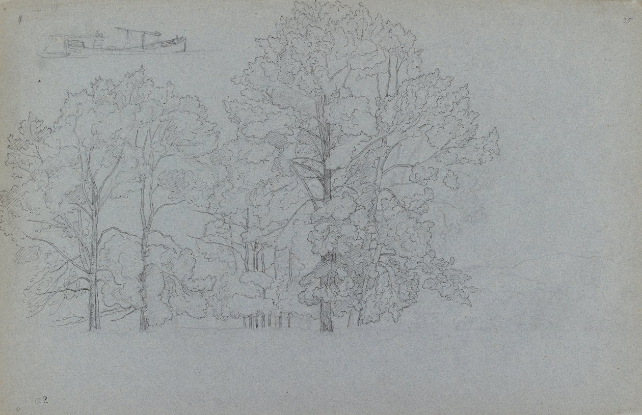 Estudio de árboles, con un ligero estudio de una barcaza, 1859 de Camille Pissarro