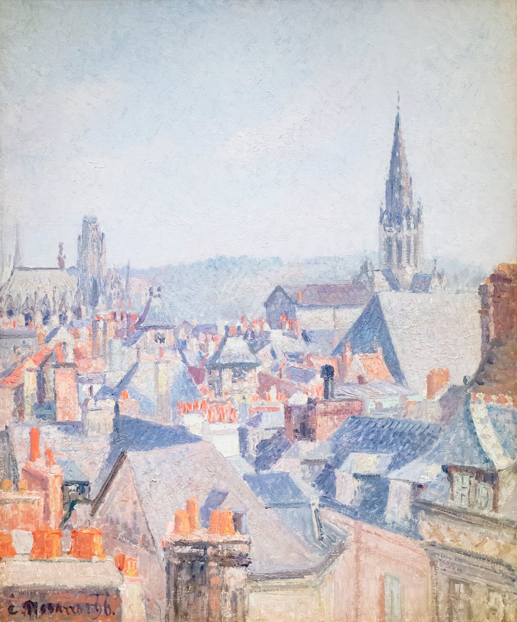 Los tejados del viejo Rouen, la luz del sol de Camille Pissarro