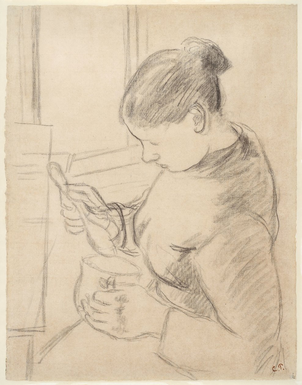 Joven campesina tomando su café de Camille Pissarro