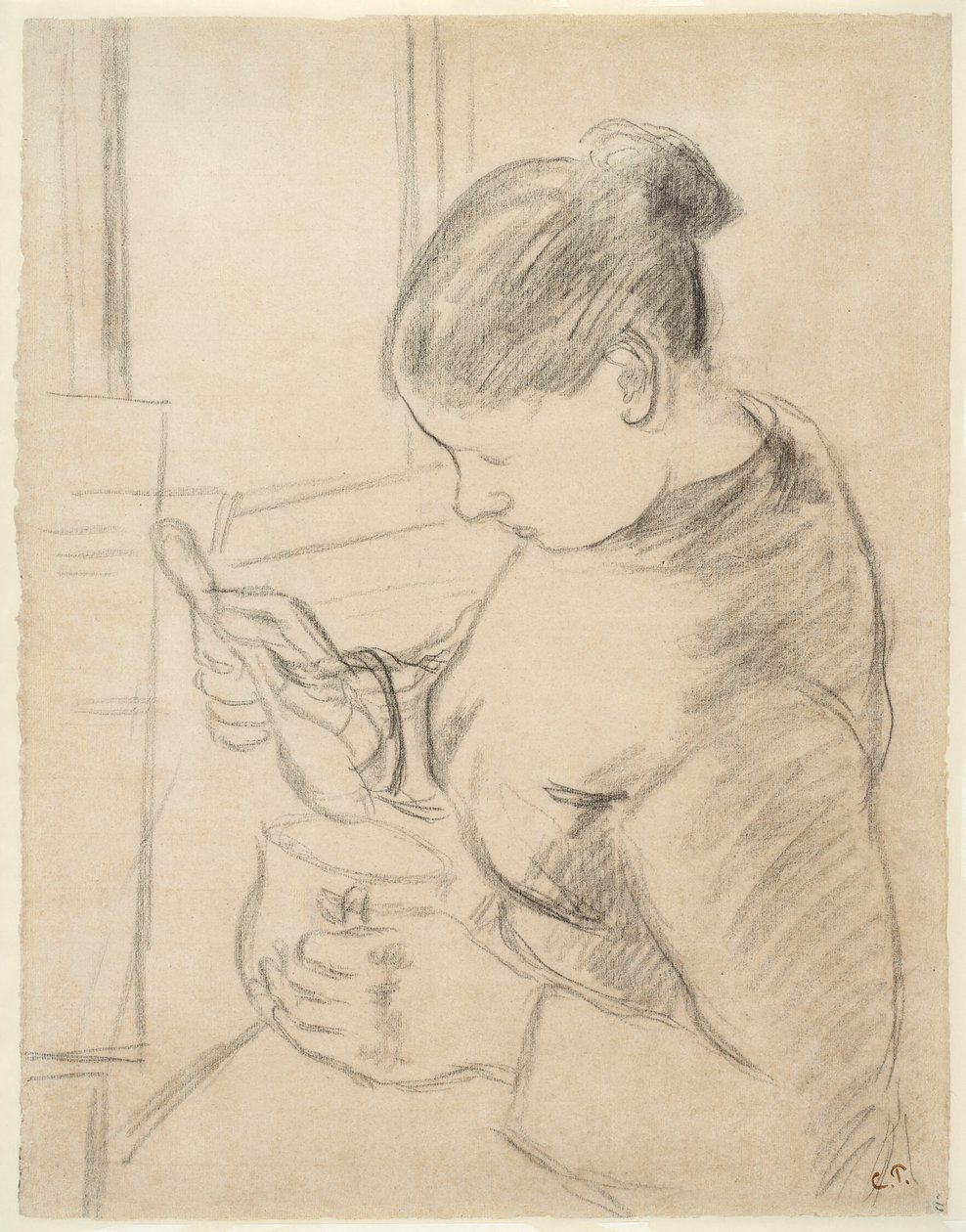 Joven campesina tomando su café de Camille Pissarro