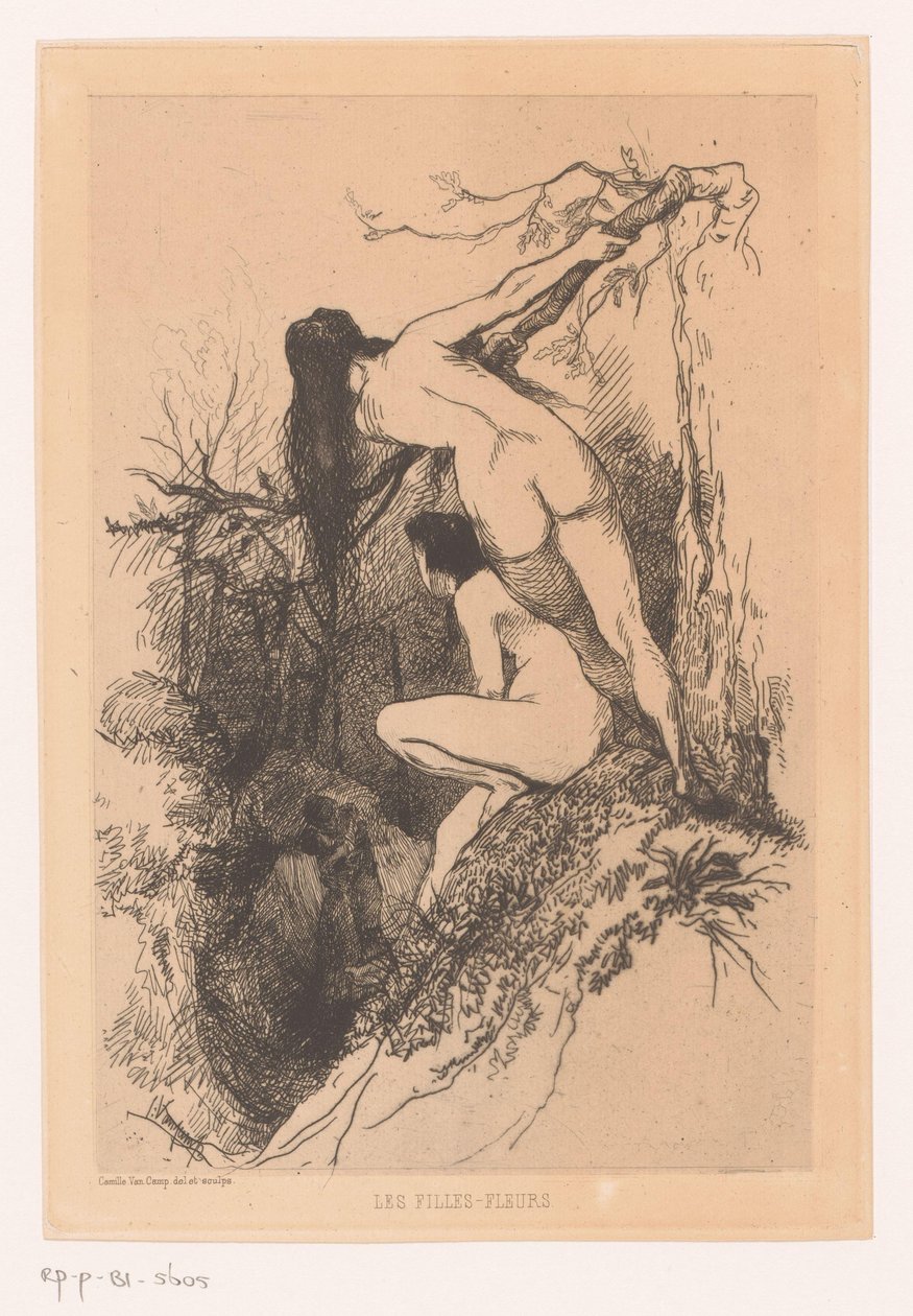 Dos mujeres desnudas espían a una pareja que se besa
Les filles-fleurs (título en el objeto) de Camille Van Camp
