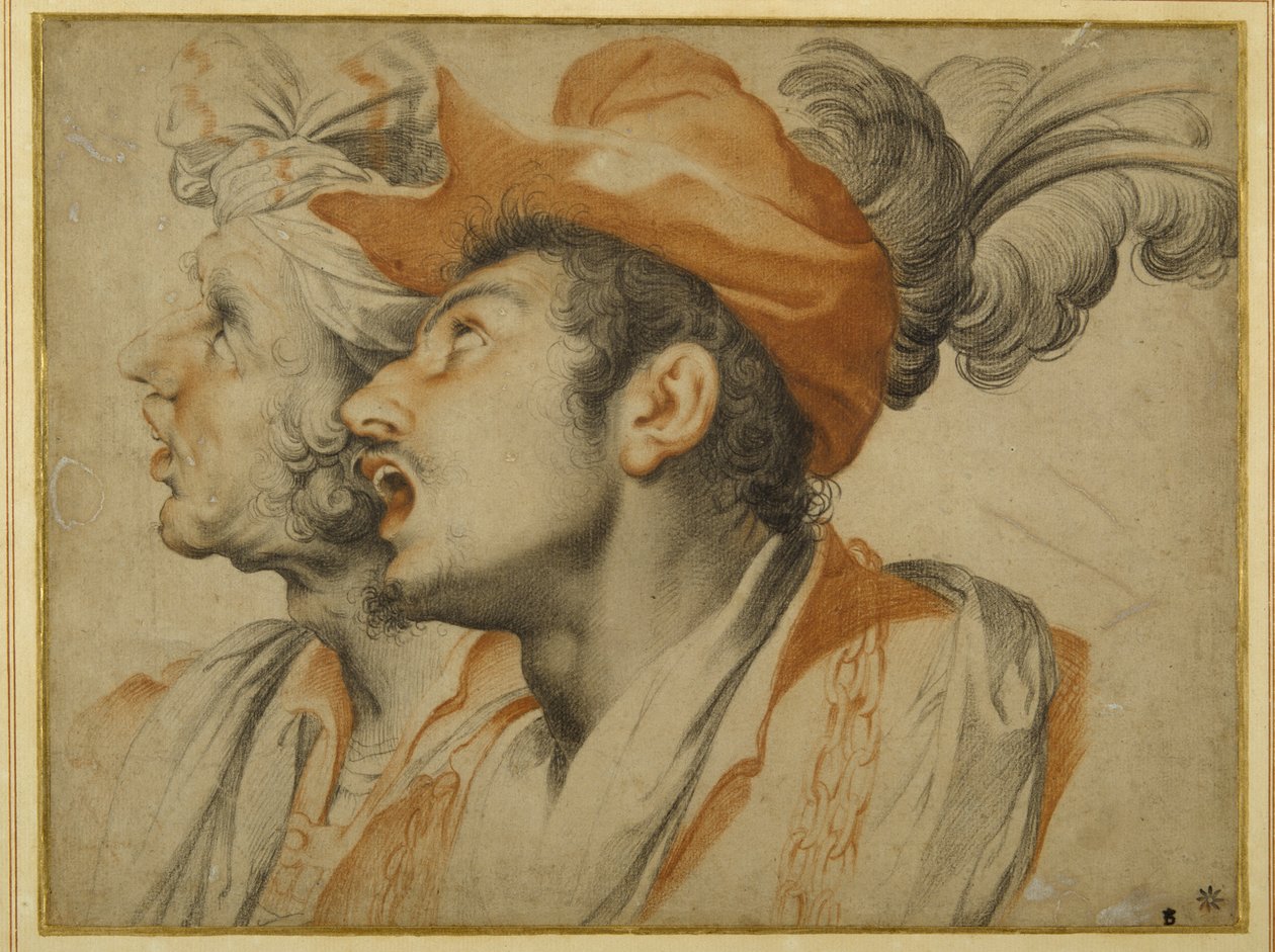 Grotesquería de dos hombres vestidos a la moda cantando (tizas negras y rojas sobre papel blanco) de Camillo Procaccini
