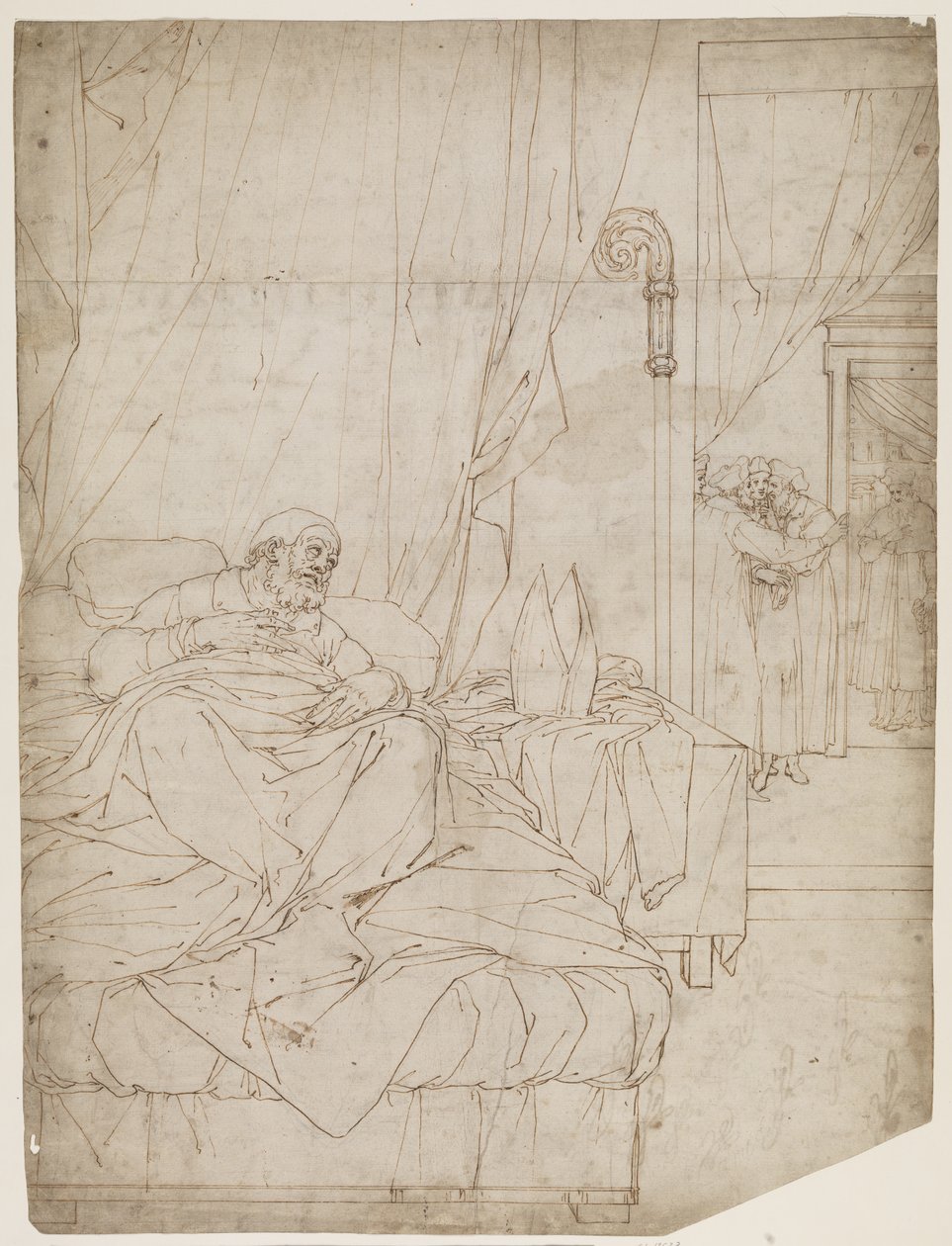 Papa acostado escuchando a hombres conversando en una habitación contigua de Camillo Procaccini