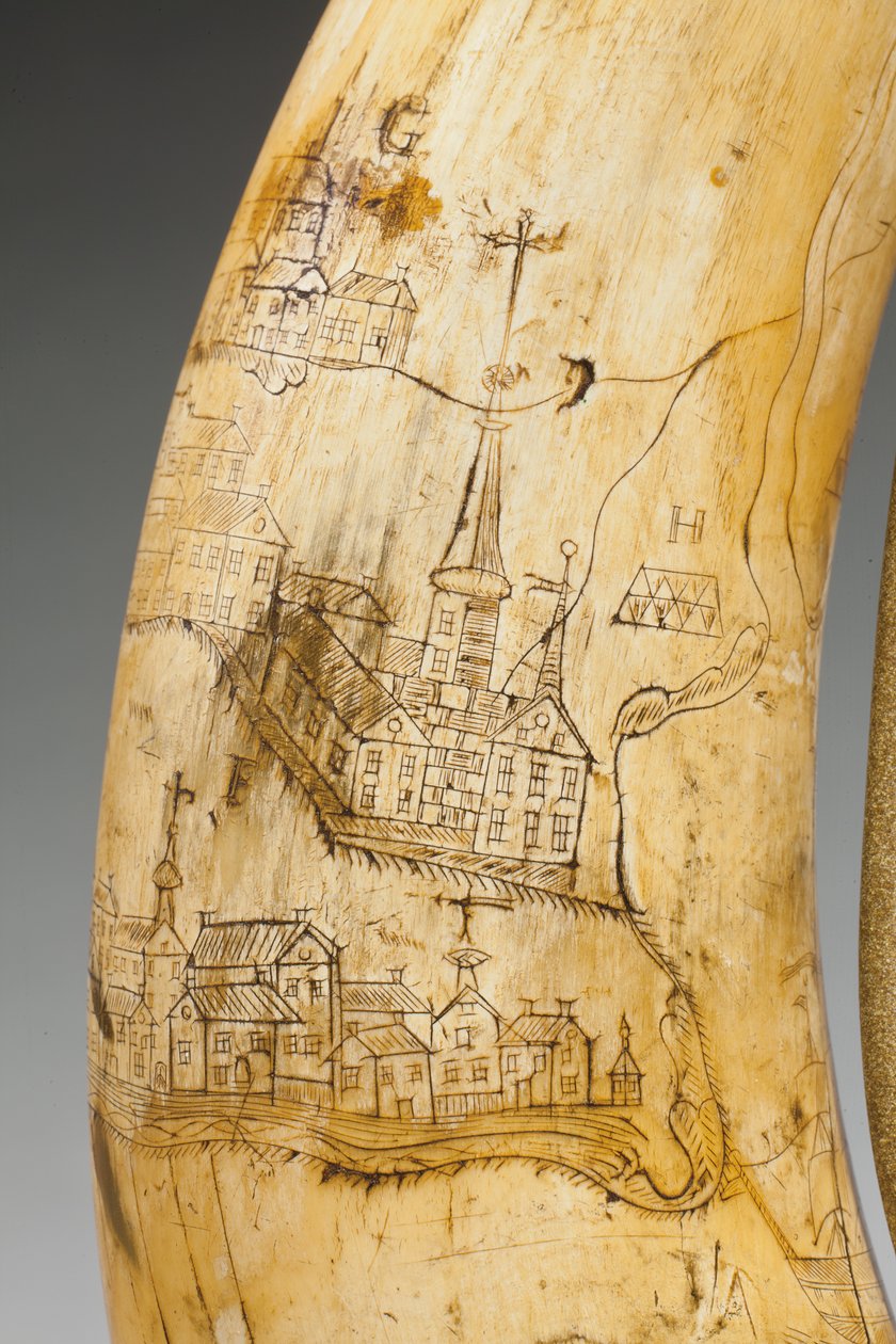 Cuerno de pólvora, grabado con un mapa del río San Lorenzo en el área de Quebec, c.1759 de Canadian School