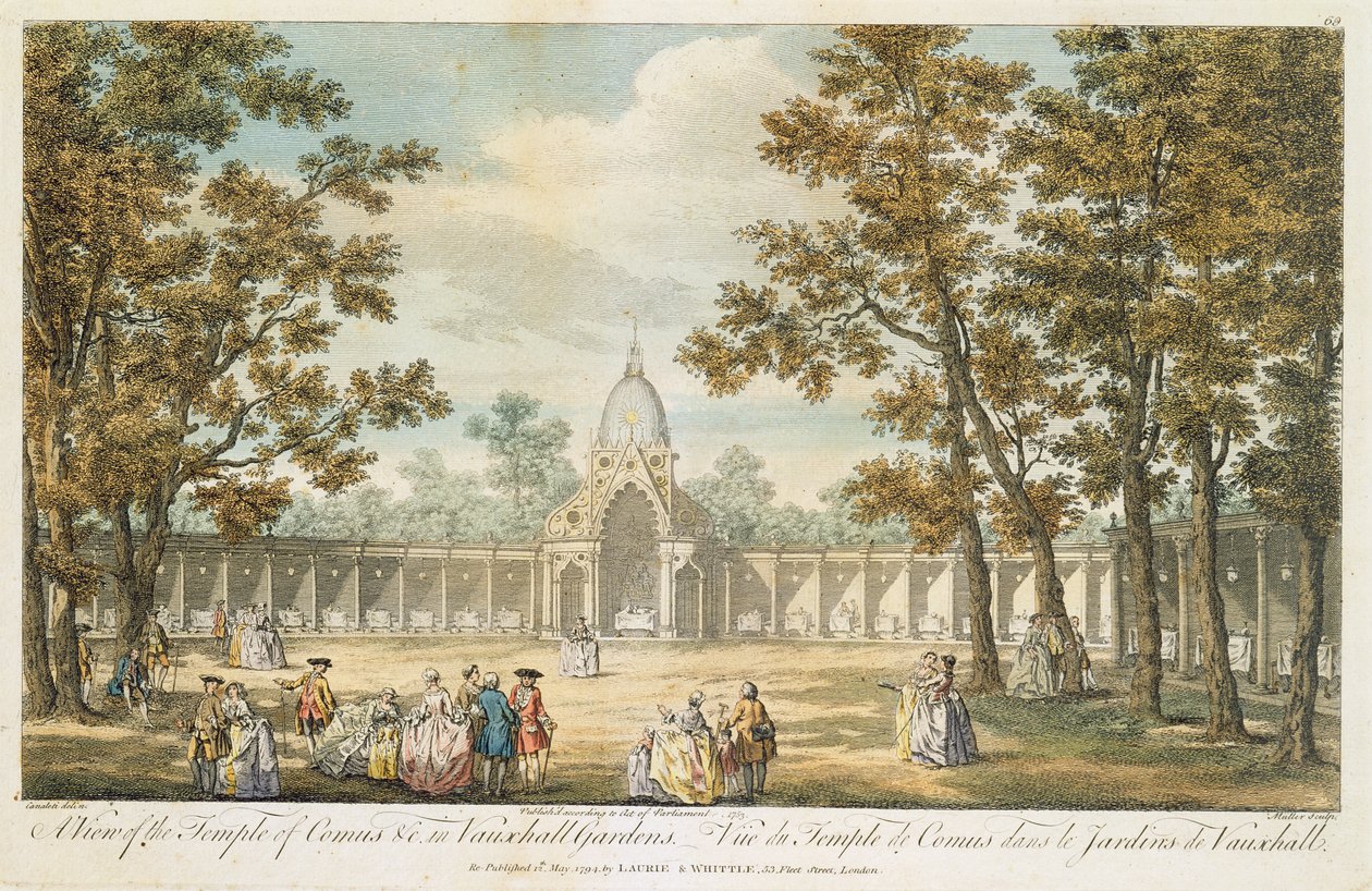 Vista del Templo de Comus en los Jardines de Vauxhall, grabado por Muller, re-publicado en 1794 de Canaleti