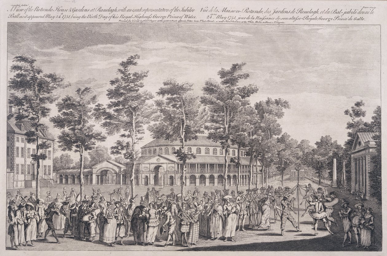 Vista de la Rotonda, Casa Ranelagh, en un Baile para Celebrar el Cumpleaños de SAR, el Príncipe de Gales, 24 de Mayo de 1751, grabado por Parr de Canaleti